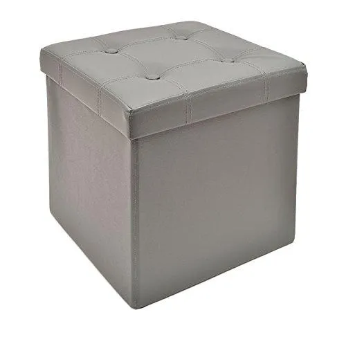 The FHE Group Tufted Folding Storage Ottoman, 15 by 15 by 15-Inch, Grey Faux Leather