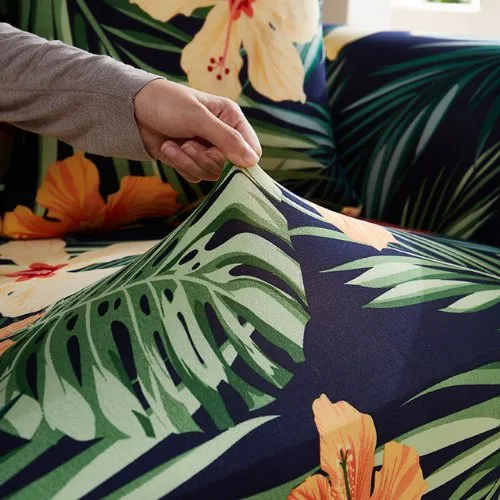 Three Seater Stretchable Sofa Cover, Floral and Leaves Design.