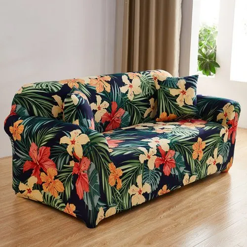Three Seater Stretchable Sofa Cover, Floral and Leaves Design.