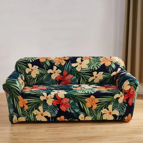 Three Seater Stretchable Sofa Cover, Floral and Leaves Design.