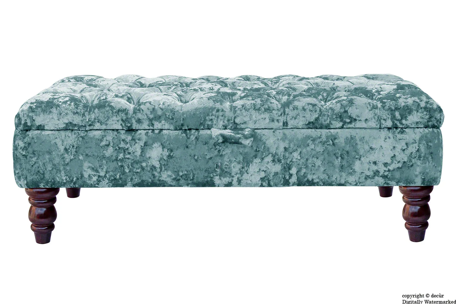 Tiffany Buttoned Crushed Velvet Footstool - Azure with Optional Storage