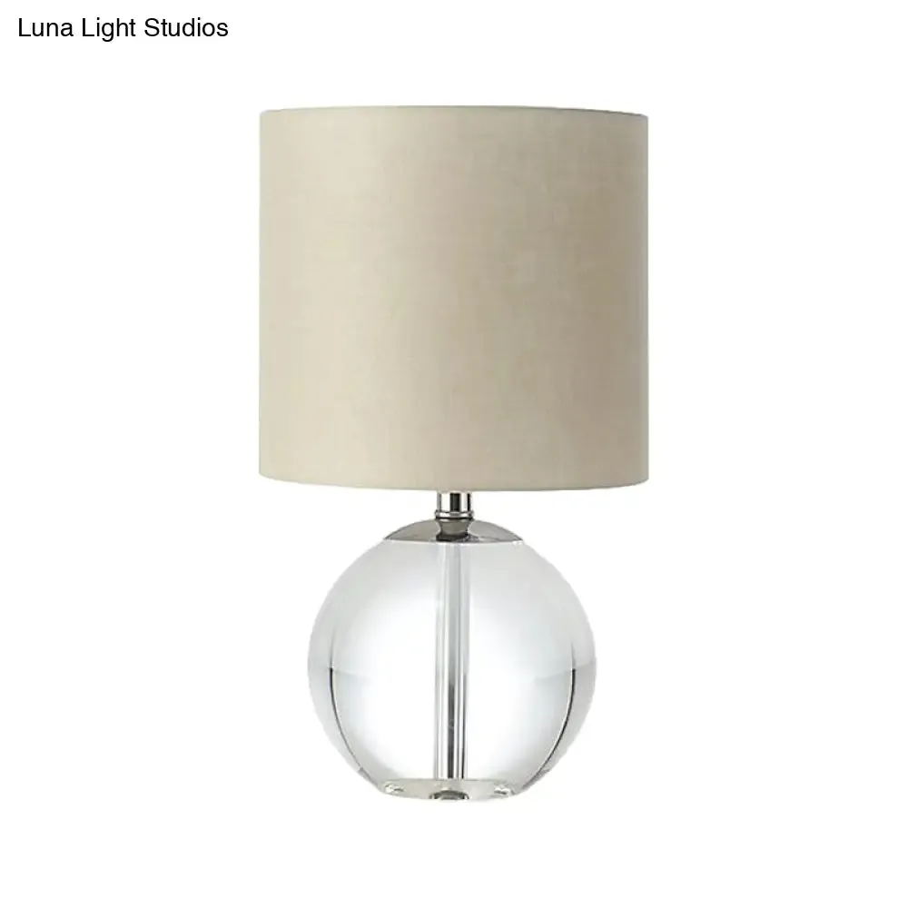 Traditional Beige 1-Head Nightstand Lamp with Fabric Cylindrical Shade and Crystal Spherical Base