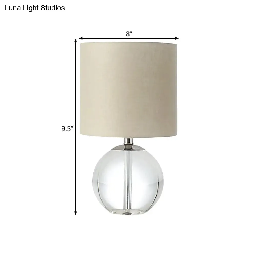 Traditional Beige 1-Head Nightstand Lamp with Fabric Cylindrical Shade and Crystal Spherical Base