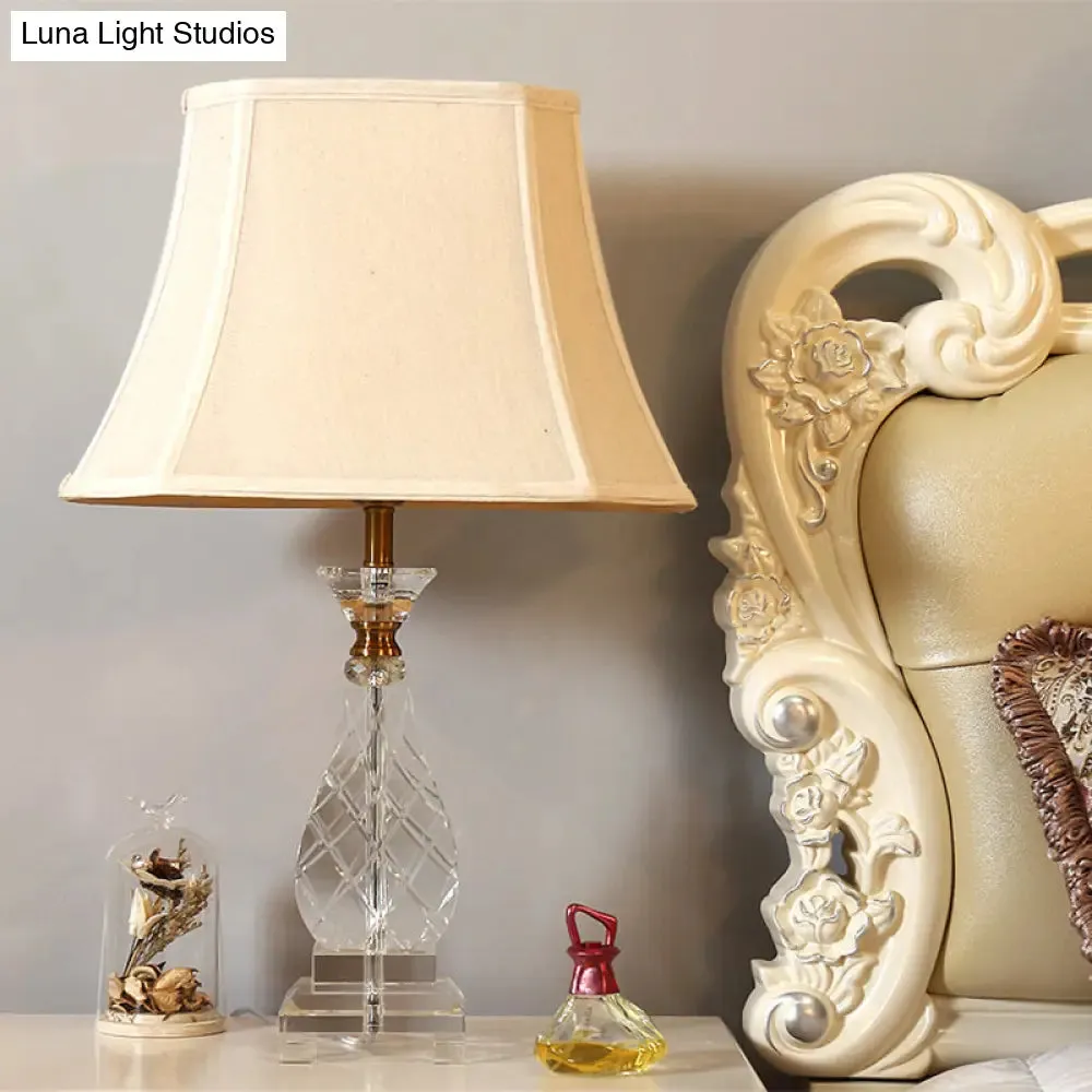 Traditional Beige Fabric Night Lamp with Crystal Base - Bedroom Nightstand Light