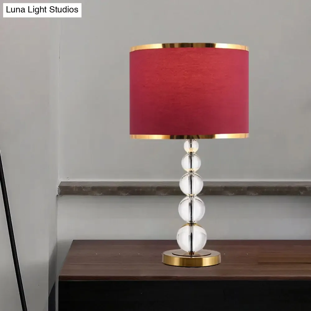Traditional Burgundy/Beige Fabric Table Lamp with Crystal Post – Drum Shade Nightstand Light