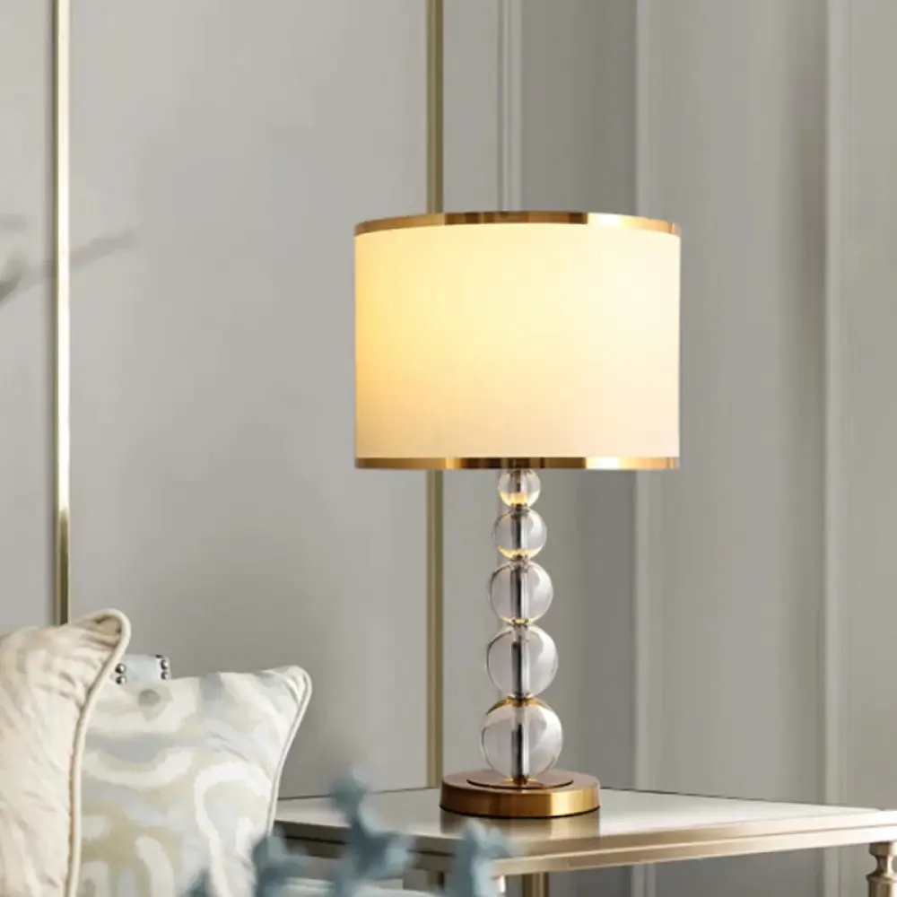 Traditional Burgundy/Beige Fabric Table Lamp with Crystal Post – Drum Shade Nightstand Light
