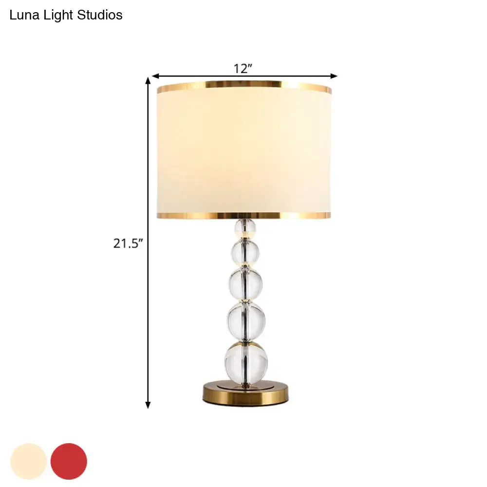 Traditional Burgundy/Beige Fabric Table Lamp with Crystal Post – Drum Shade Nightstand Light