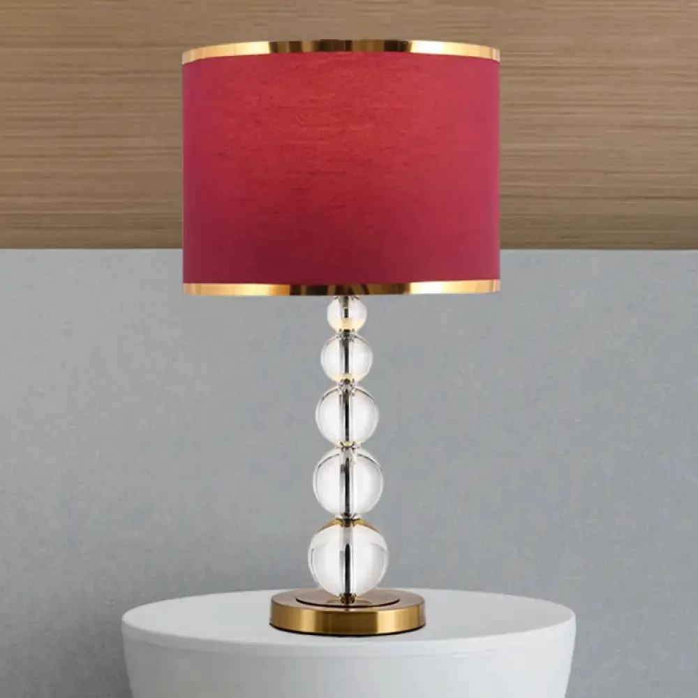 Traditional Burgundy/Beige Fabric Table Lamp with Crystal Post – Drum Shade Nightstand Light