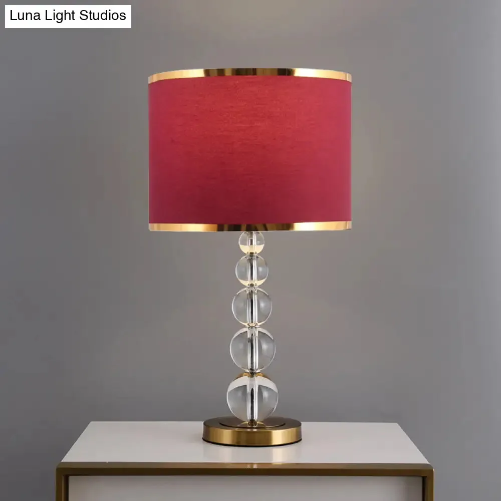 Traditional Burgundy/Beige Fabric Table Lamp with Crystal Post – Drum Shade Nightstand Light