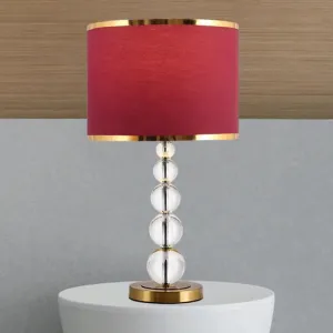 Traditional Burgundy/Beige Fabric Table Lamp with Crystal Post – Drum Shade Nightstand Light