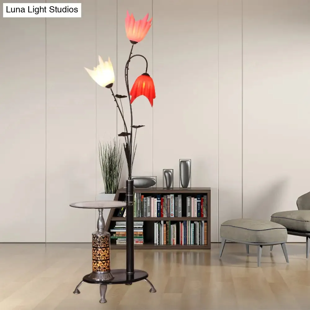 Tree-Shaped Countryside Metallic Floor Lamp: 3-Light Standing, Black with Floral Crystal Shade