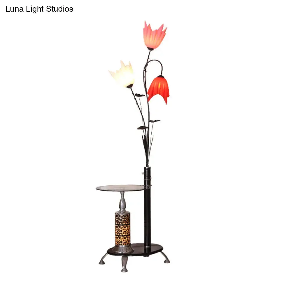 Tree-Shaped Countryside Metallic Floor Lamp: 3-Light Standing, Black with Floral Crystal Shade