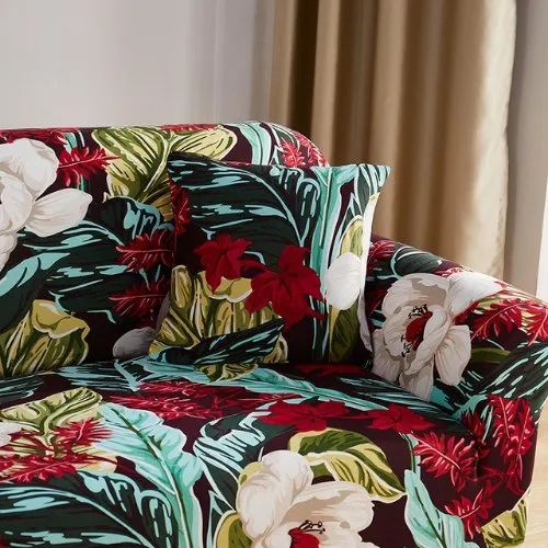 Two Seater Stretchable Sofa Cover, Leaves and Floral Design.
