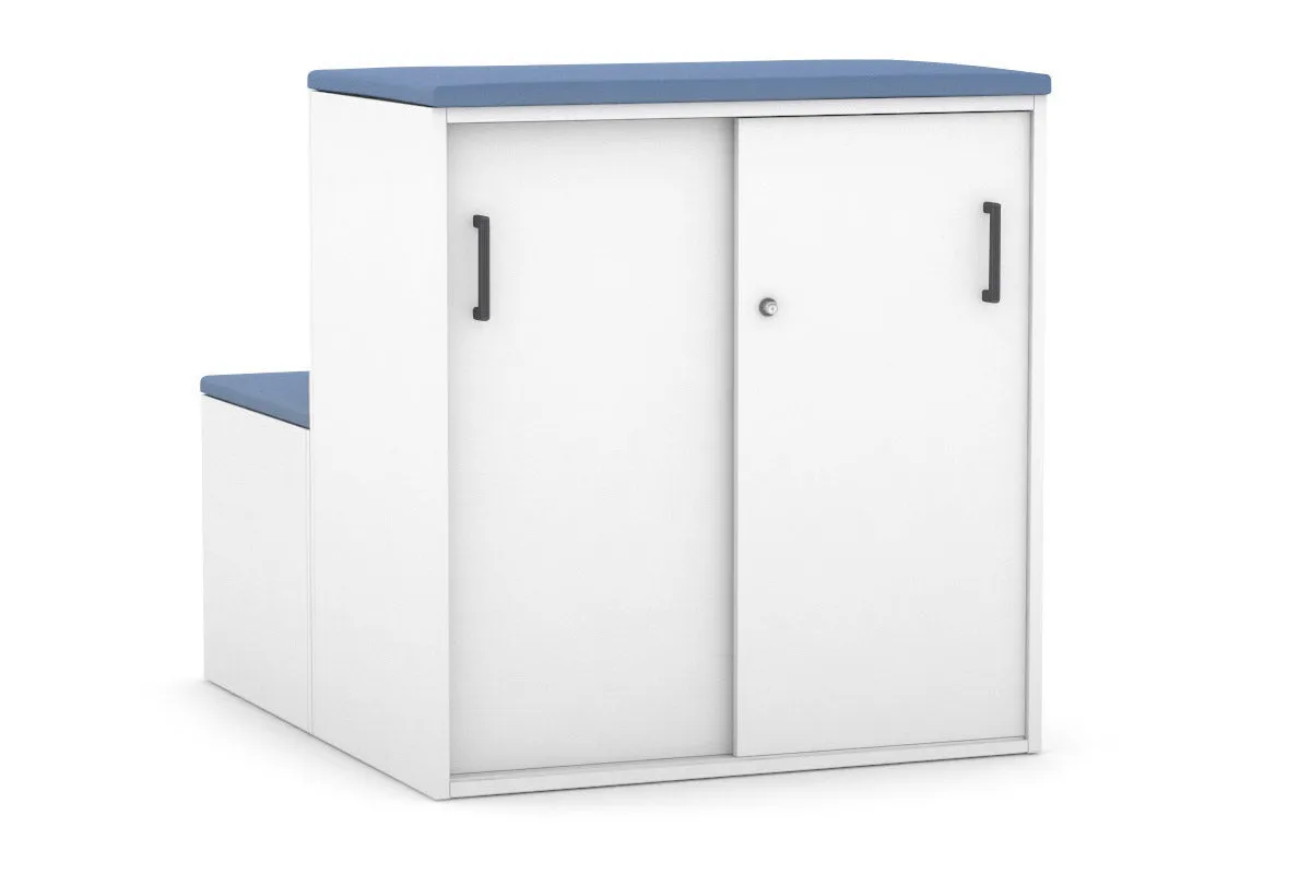 Uniform Activity Module - Med Sliding 2 Door Credenza with Low Sliding 2 Door Credenza - Seat Cushion [Black Handle]