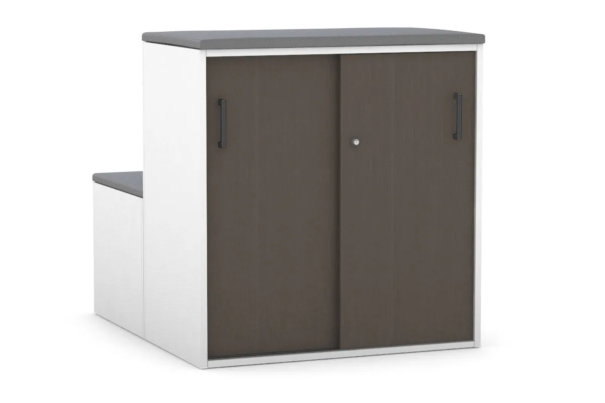 Uniform Activity Module - Med Sliding 2 Door Credenza with Low Sliding 2 Door Credenza - Seat Cushion [Black Handle]