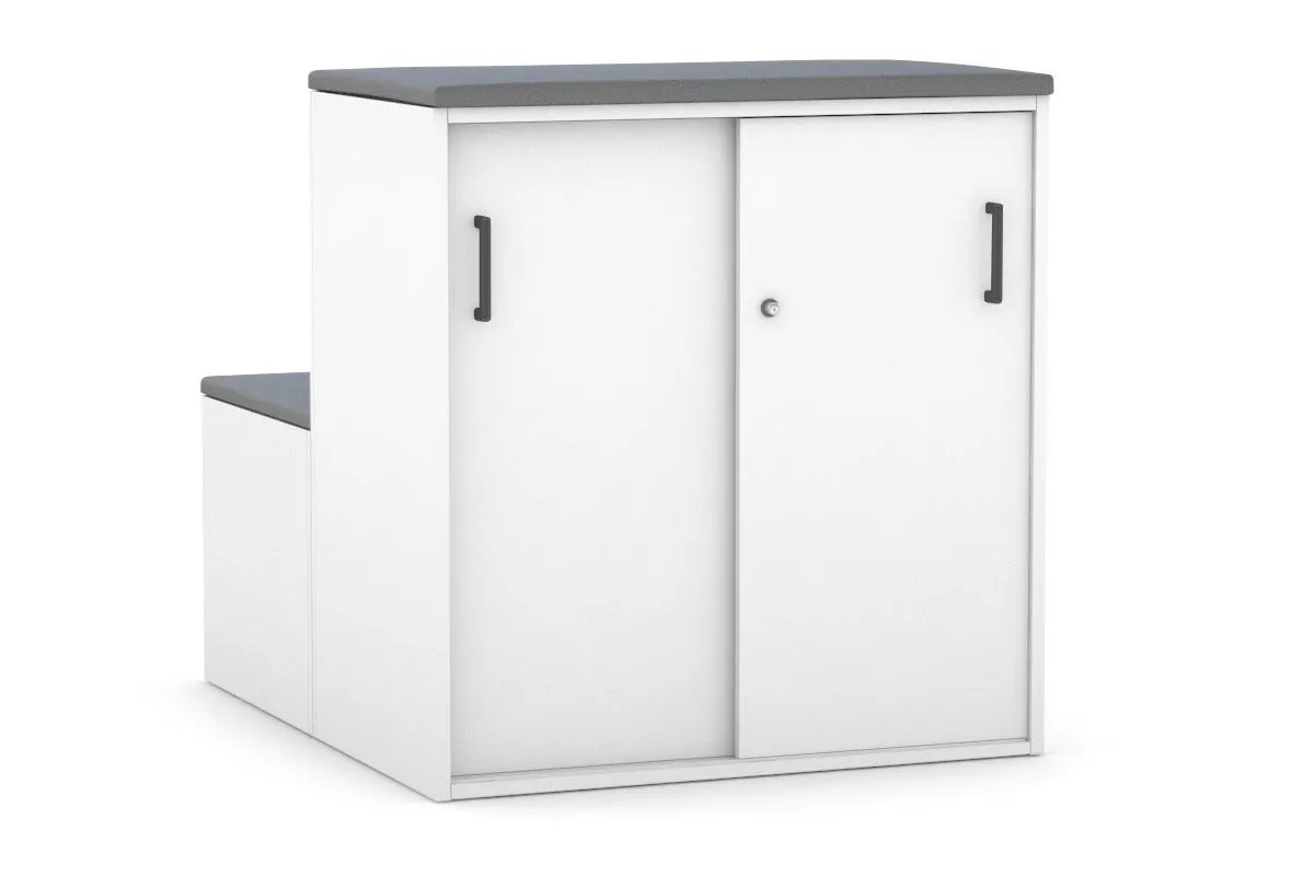 Uniform Activity Module - Med Sliding 2 Door Credenza with Low Sliding 2 Door Credenza - Seat Cushion [Black Handle]