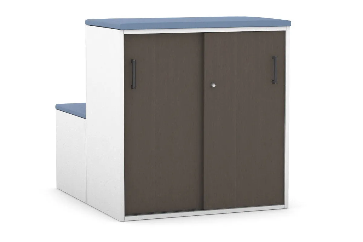 Uniform Activity Module - Med Sliding 2 Door Credenza with Low Sliding 2 Door Credenza - Seat Cushion [Black Handle]