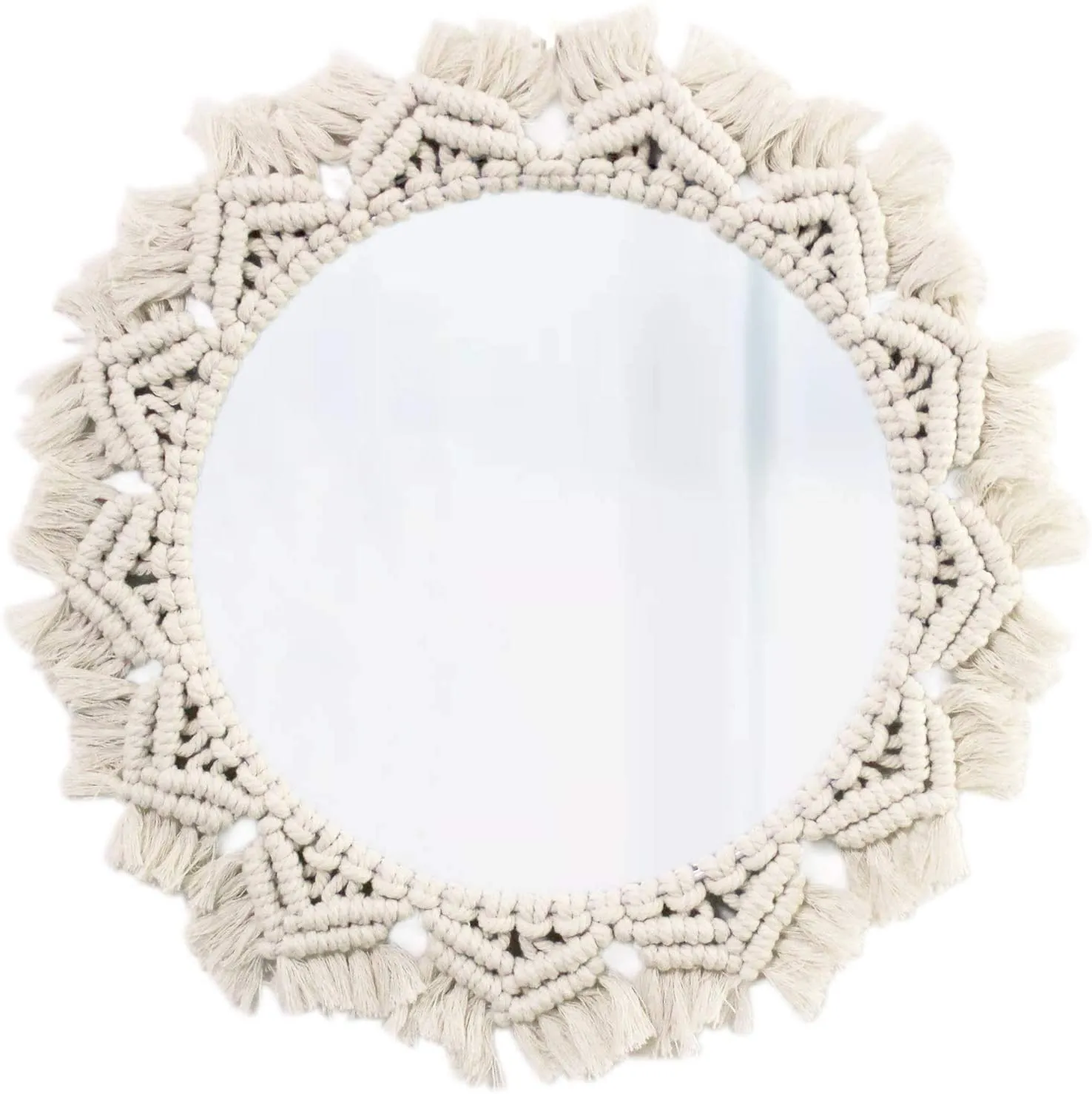 UROOZ Macrame Mirror Wall Hanging Boho Decorative Round Mirror for Bedroom Bohemian Décor for Wall Mounted Living Room Bedroom Kitchen Baby Nursery ,Makeup Room (Cream White)