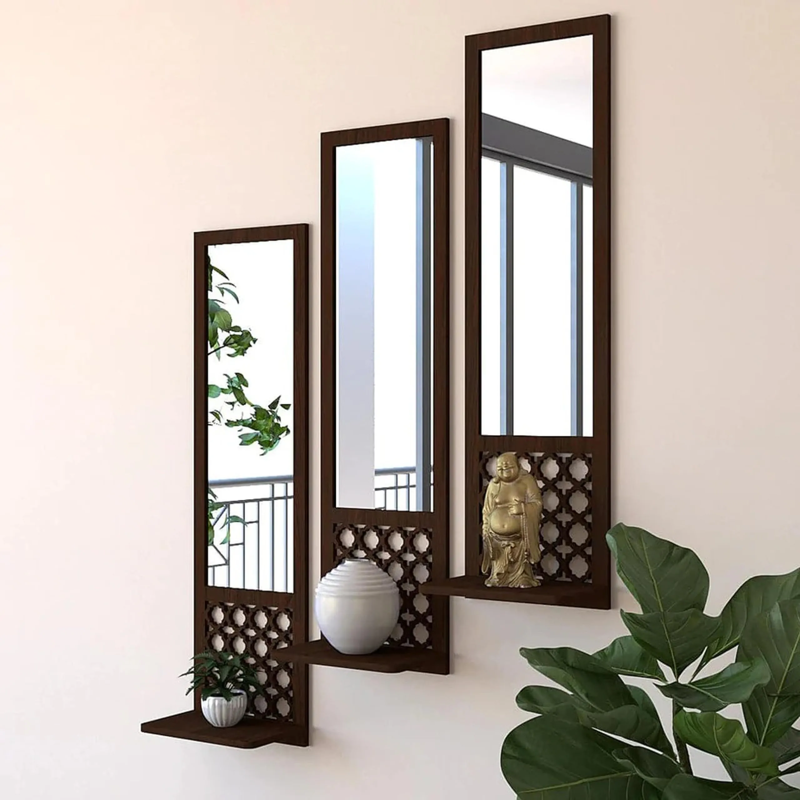 VASIL MART Modern Decorative Wooden Wall Mirror Bathroom Mirror Set of 3 with Shelves for Home Decor Engineered Wood Rectangular Brown (Wall Style)