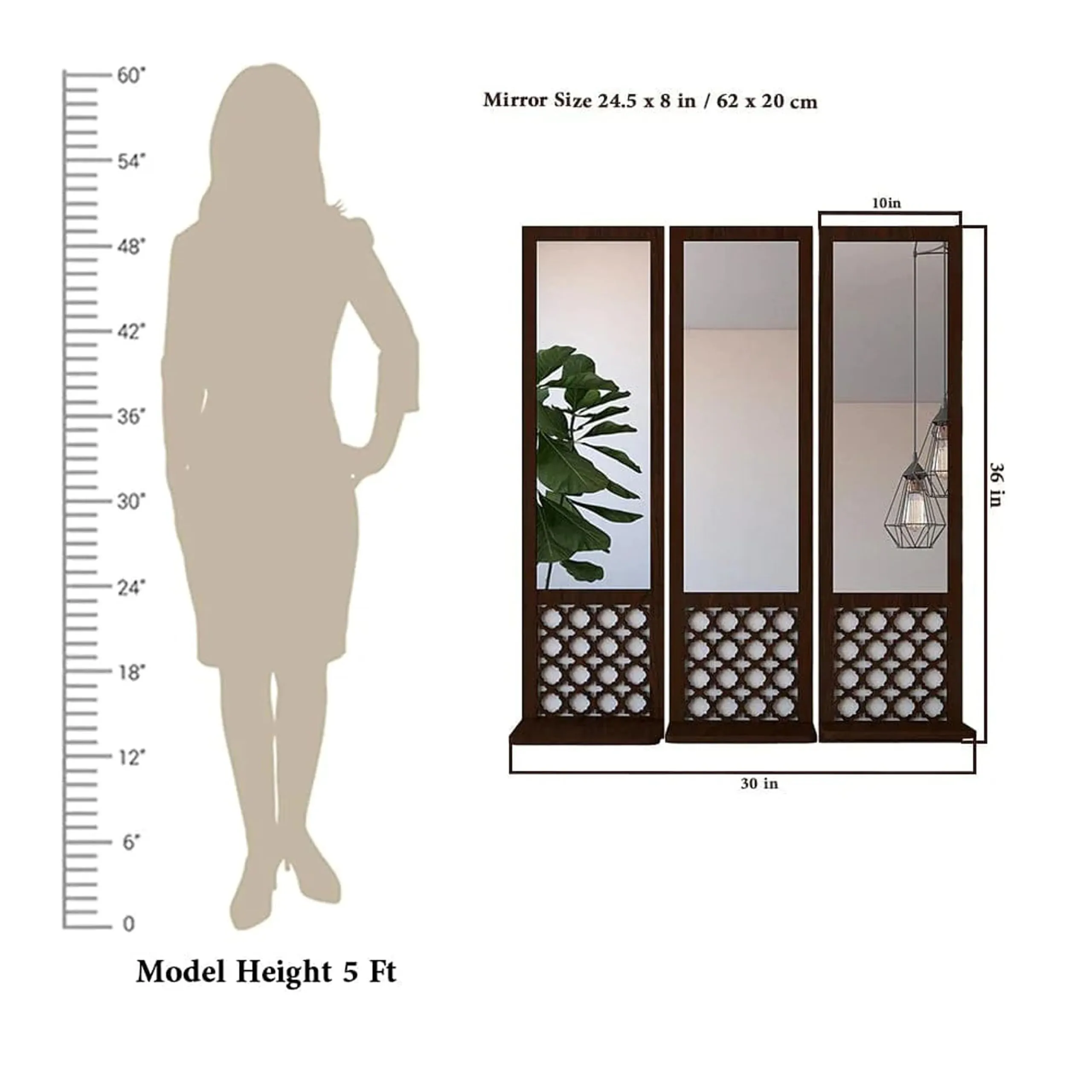 VASIL MART Modern Decorative Wooden Wall Mirror Bathroom Mirror Set of 3 with Shelves for Home Decor Engineered Wood Rectangular Brown (Wall Style)