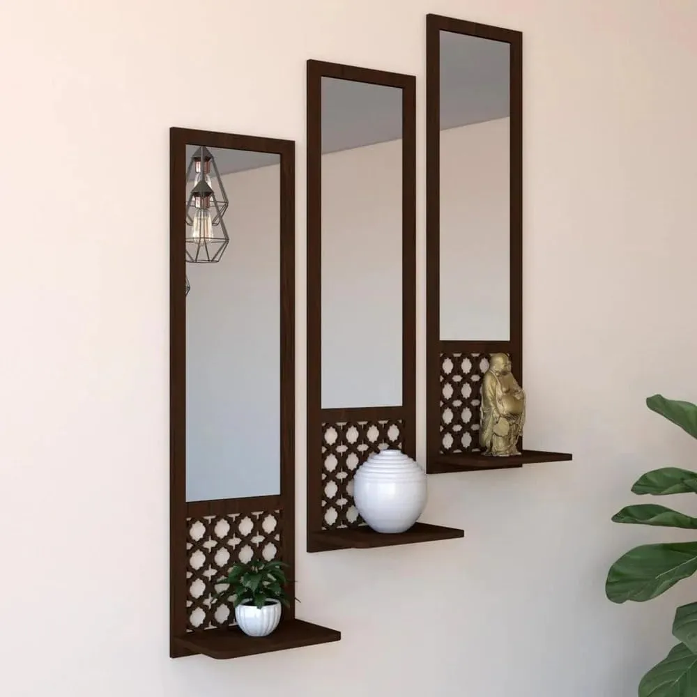 VASIL MART Modern Decorative Wooden Wall Mirror Bathroom Mirror Set of 3 with Shelves for Home Decor Engineered Wood Rectangular Brown (Wall Style)
