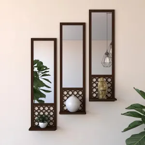 VASIL MART Modern Decorative Wooden Wall Mirror Bathroom Mirror Set of 3 with Shelves for Home Decor Engineered Wood Rectangular Brown (Wall Style)