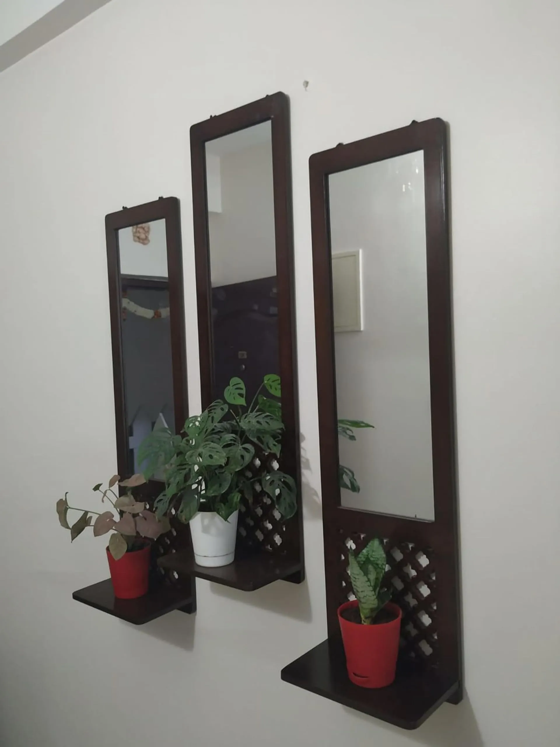 VASIL MART Modern Decorative Wooden Wall Mirror Bathroom Mirror Set of 3 with Shelves for Home Decor Engineered Wood Rectangular Brown (Wall Style)