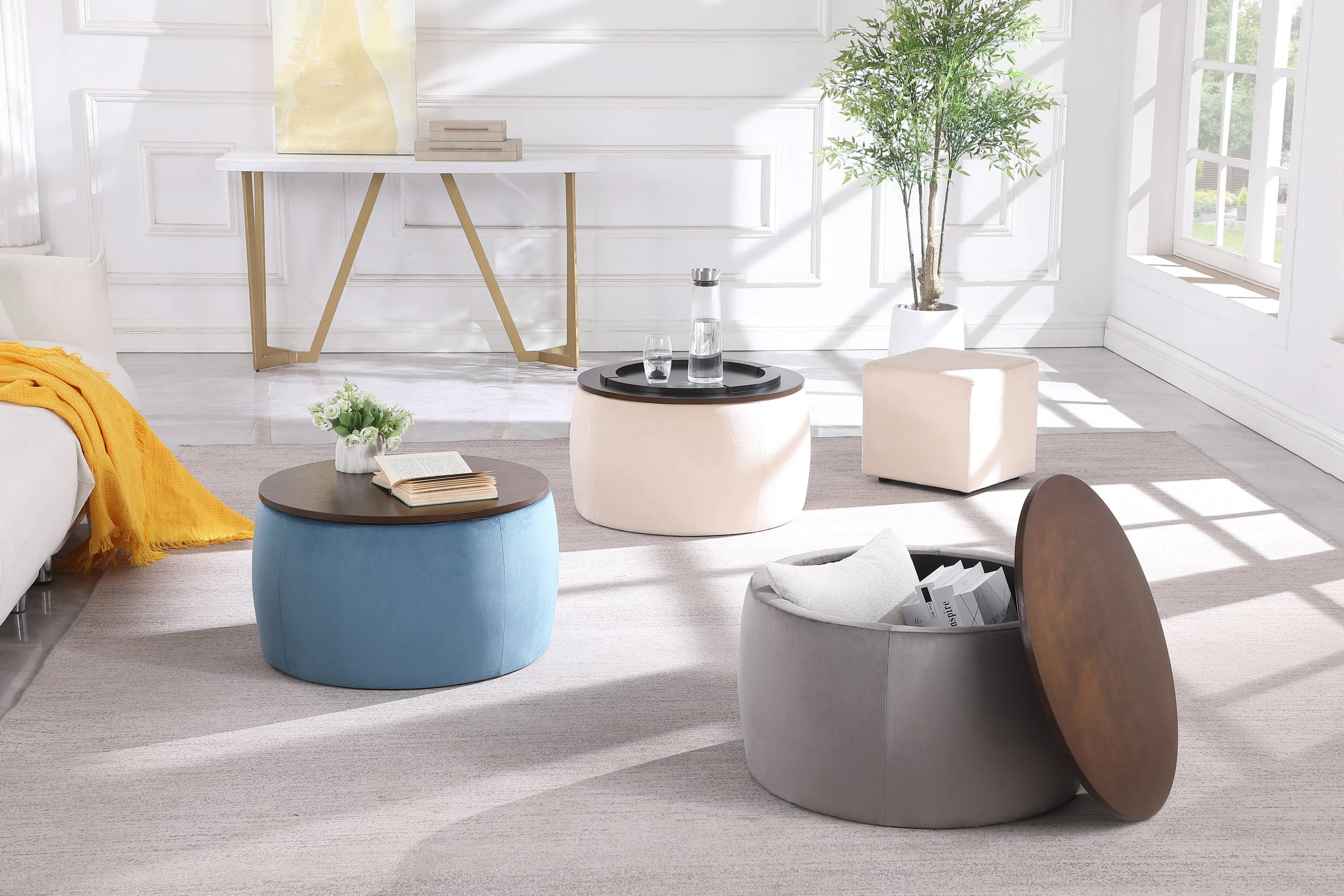 Versa Round Ottoman Set with Storage - Beige
