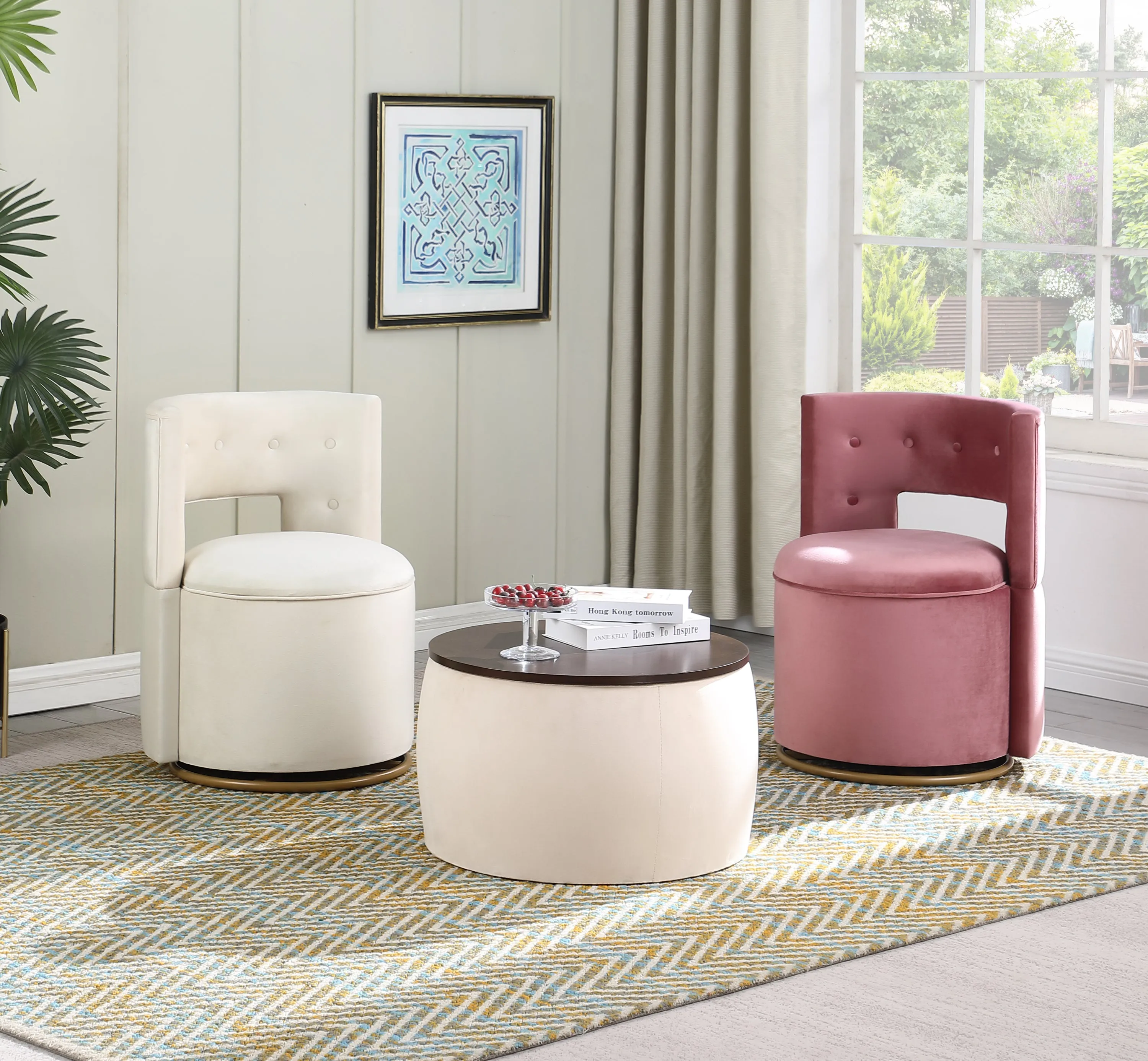 Versa Round Ottoman Set with Storage - Beige