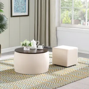 Versa Round Ottoman Set with Storage - Beige