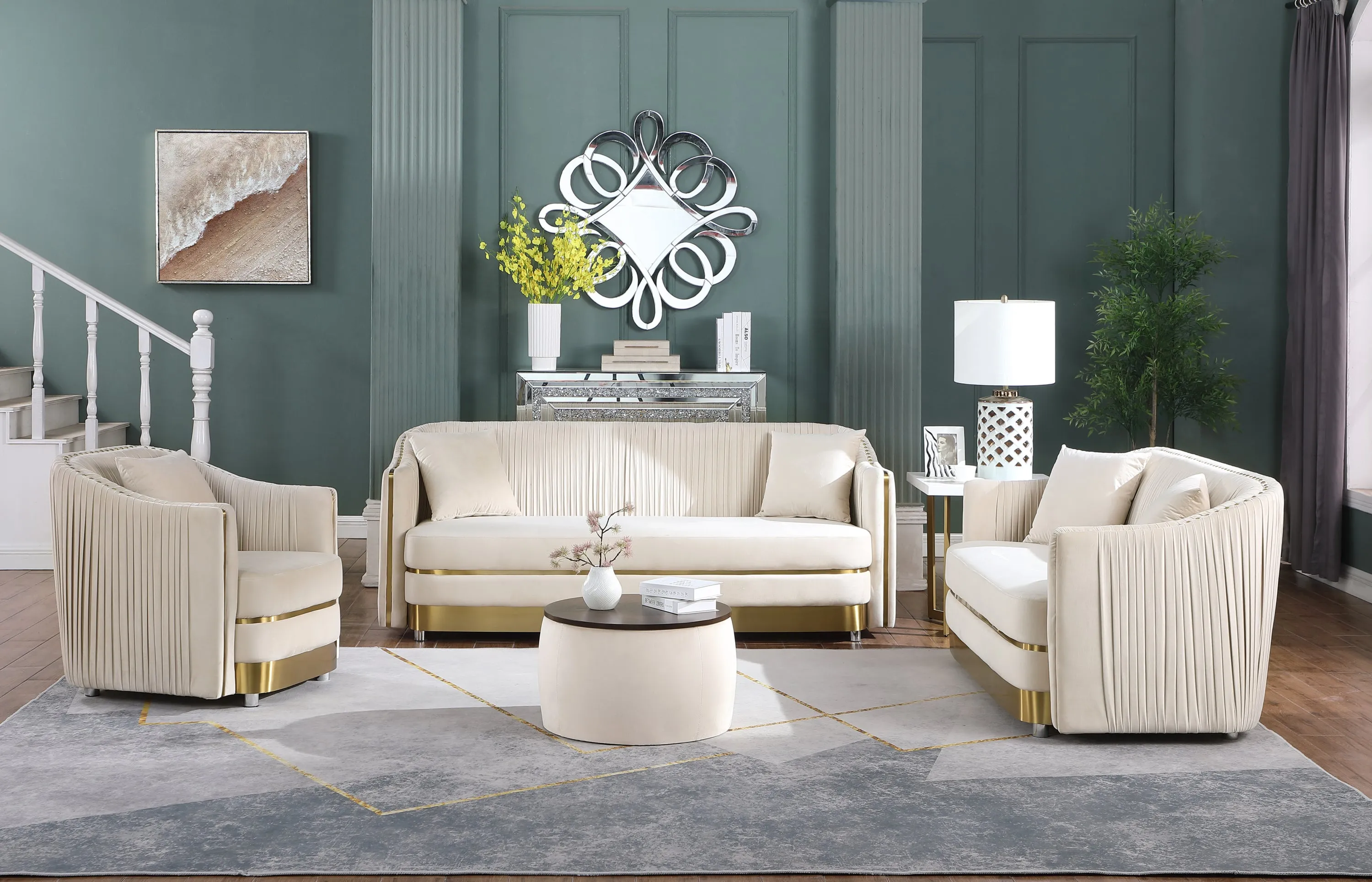 Versa Round Ottoman Set with Storage - Beige