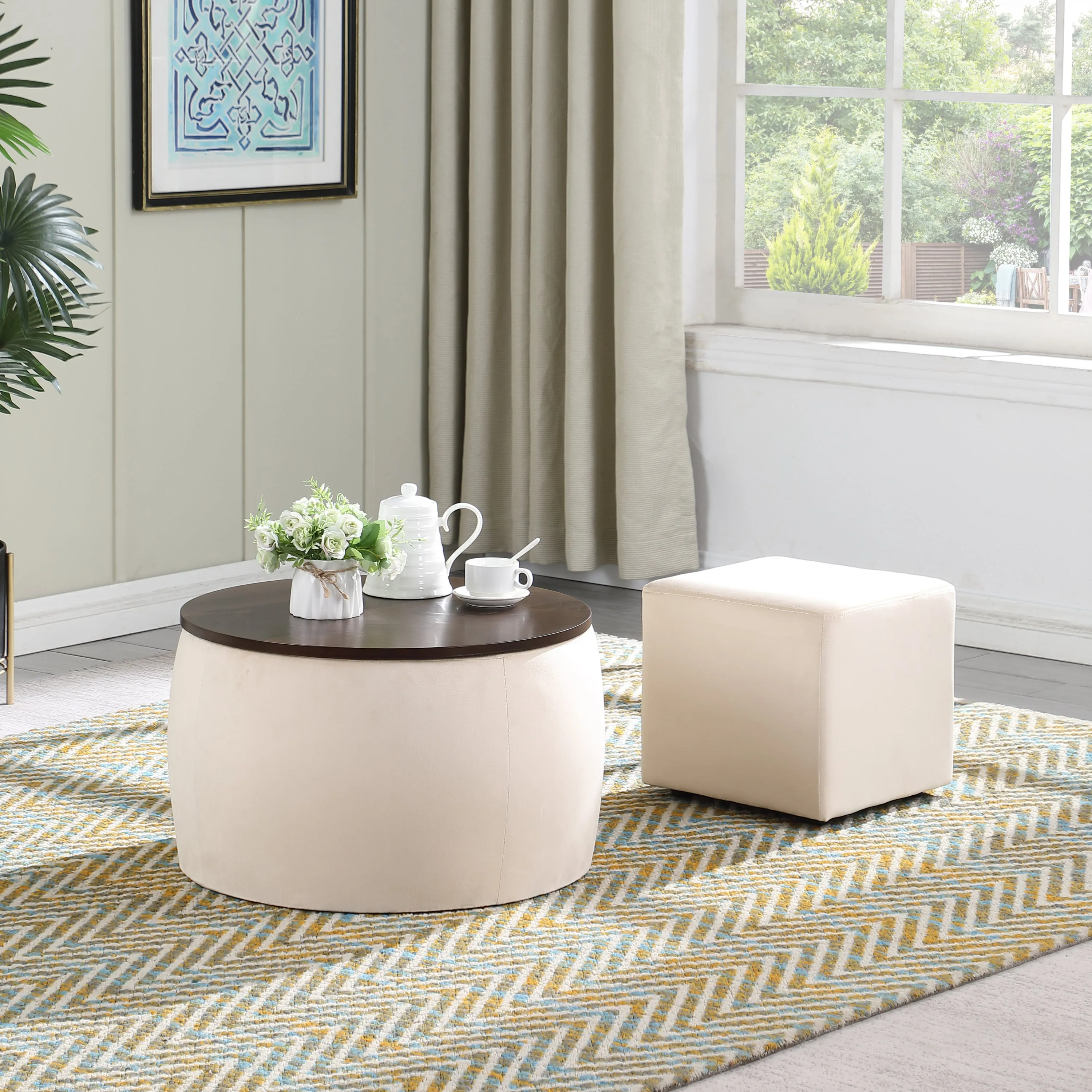 Versa Round Ottoman Set with Storage - Beige