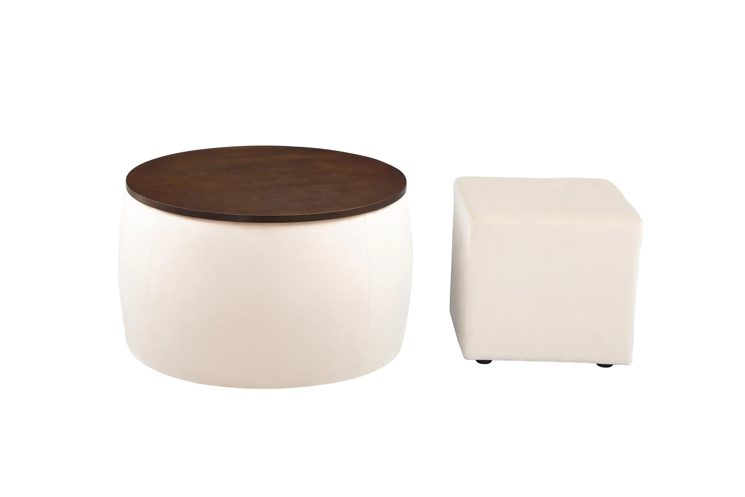 Versa Round Ottoman Set with Storage - Beige