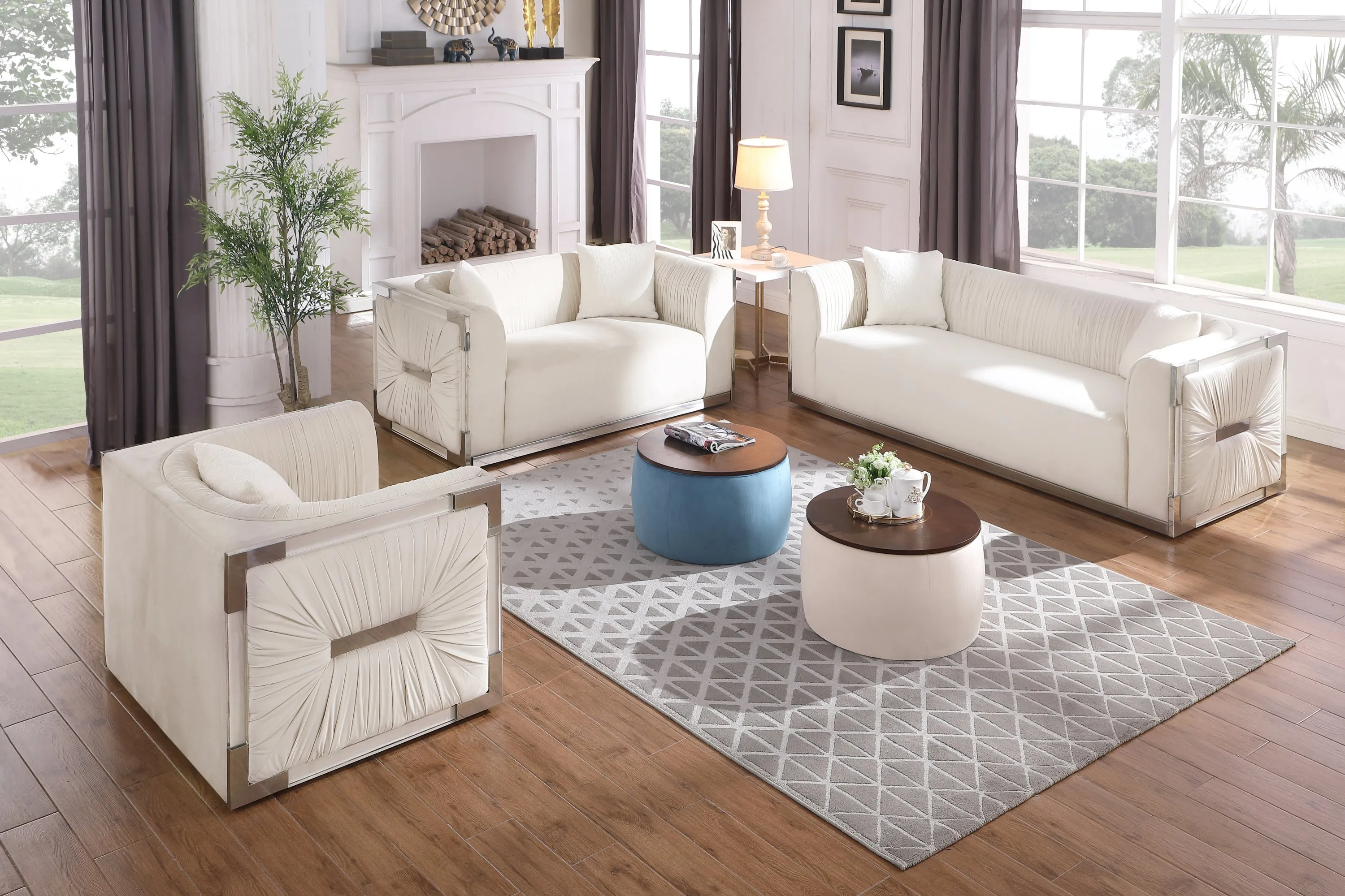 Versa Round Ottoman Set with Storage - Beige