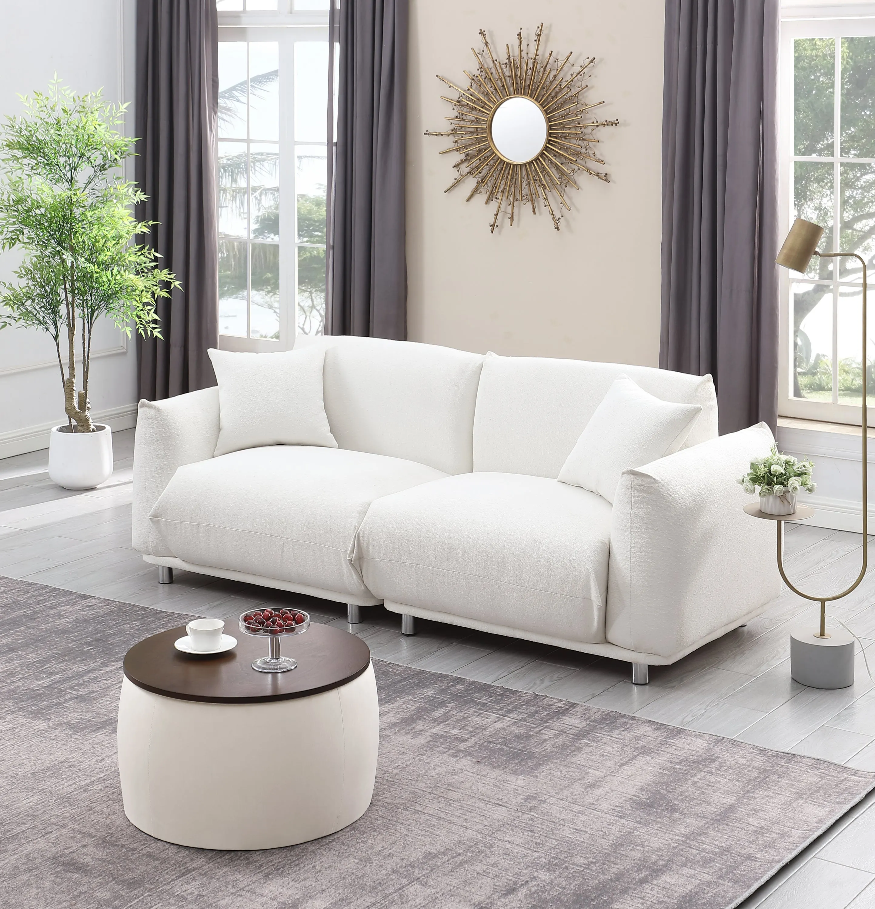 Versa Round Ottoman Set with Storage - Beige