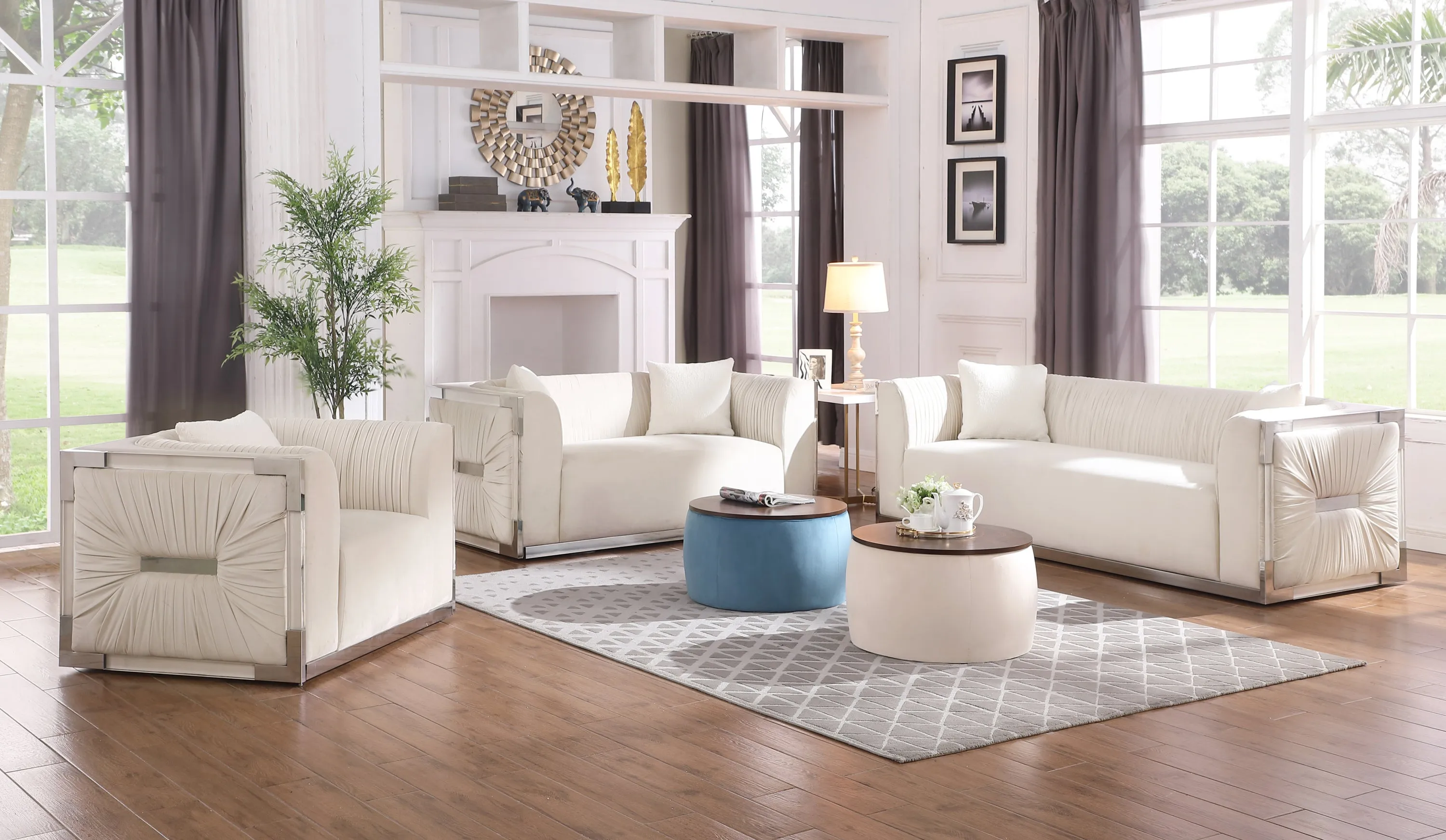 Versa Round Ottoman Set with Storage - Beige