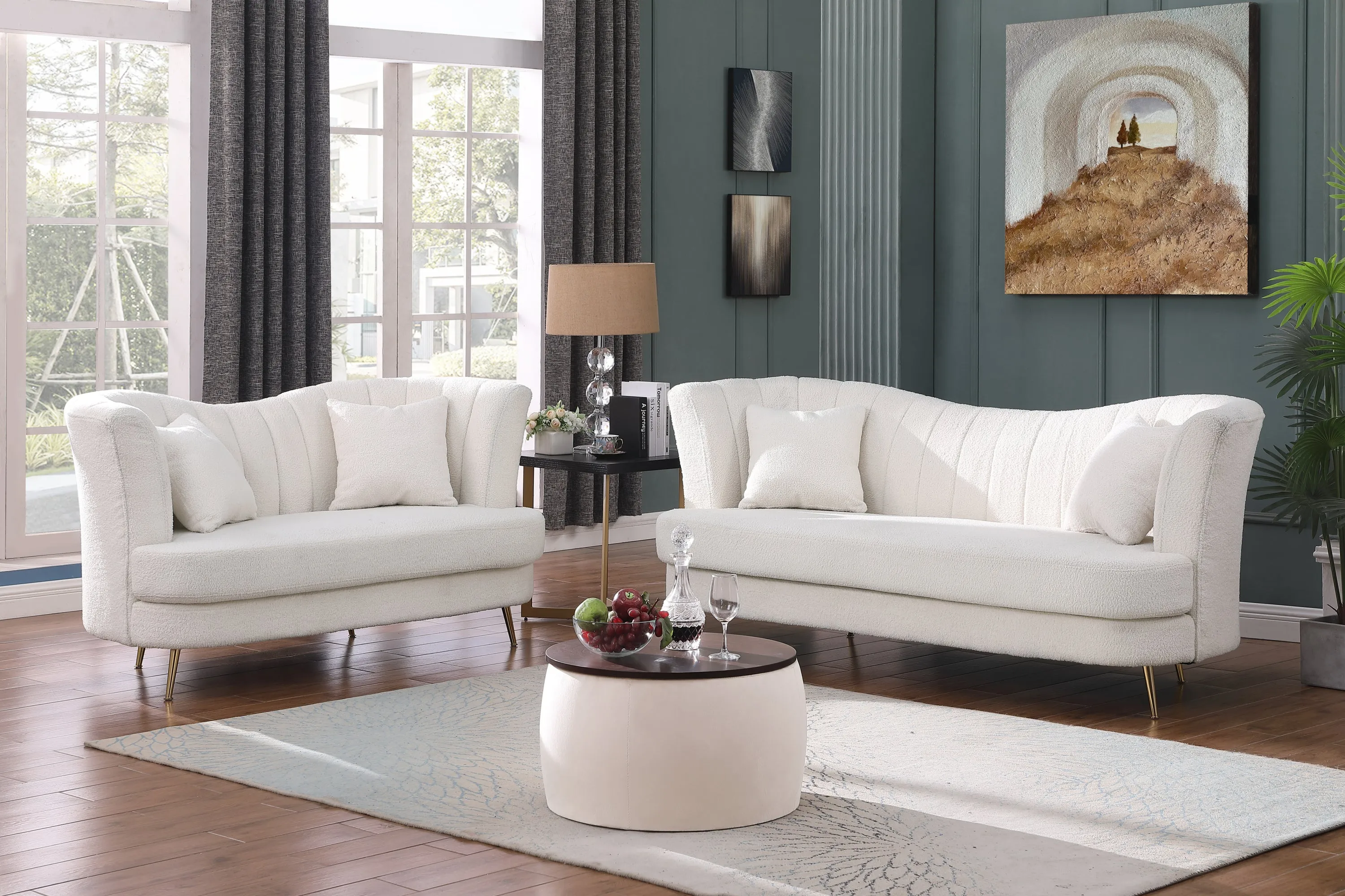 Versa Round Ottoman Set with Storage - Beige
