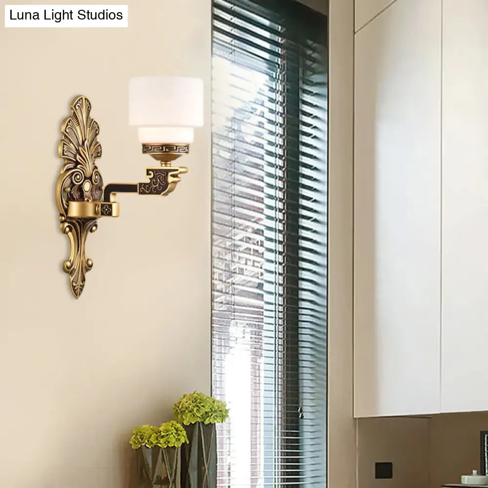 Vintage Brass Wall Sconce with Stylish Frosted Glass Drum Shade