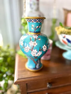Vintage Cloisonne' Vase, Turquoise with Cherry Blossoms and Gold Brass Trim