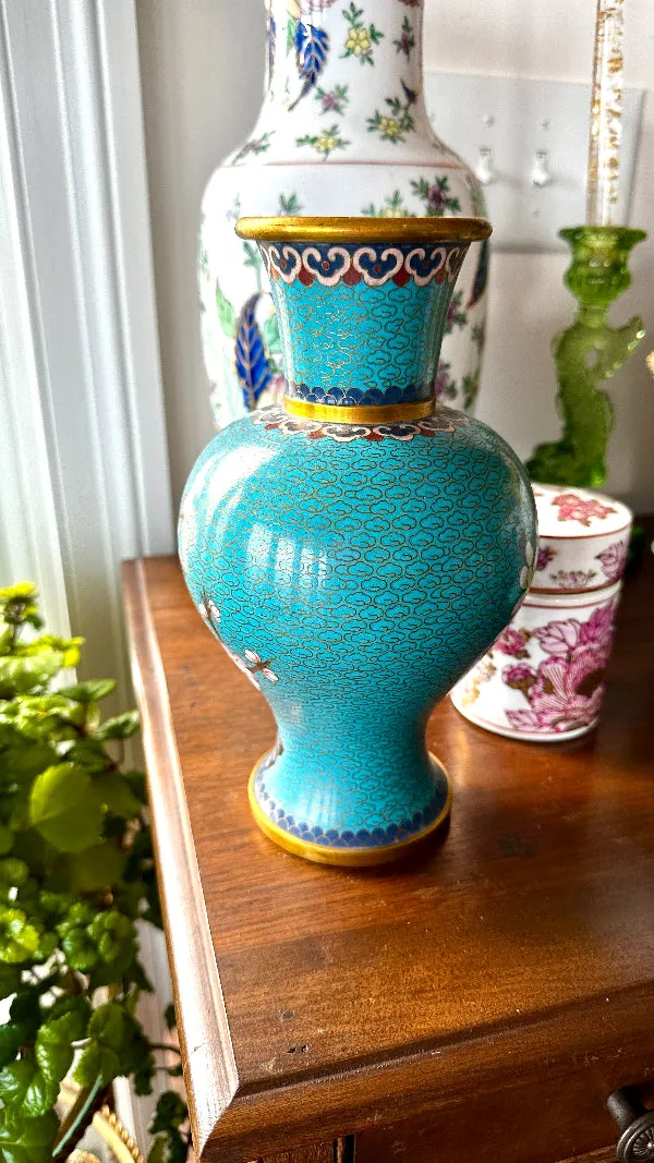 Vintage Cloisonne' Vase, Turquoise with Cherry Blossoms and Gold Brass Trim