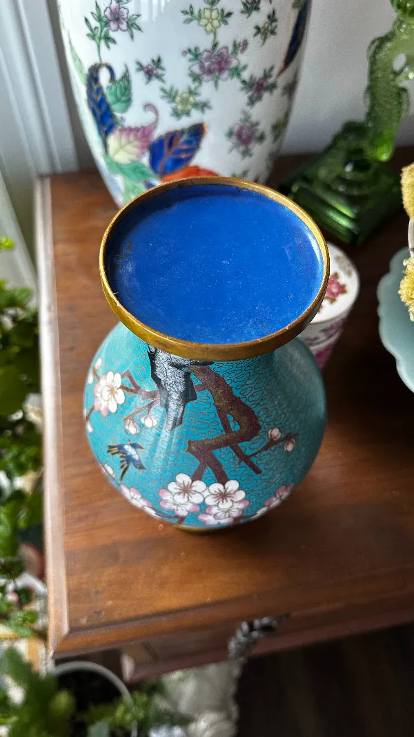 Vintage Cloisonne' Vase, Turquoise with Cherry Blossoms and Gold Brass Trim