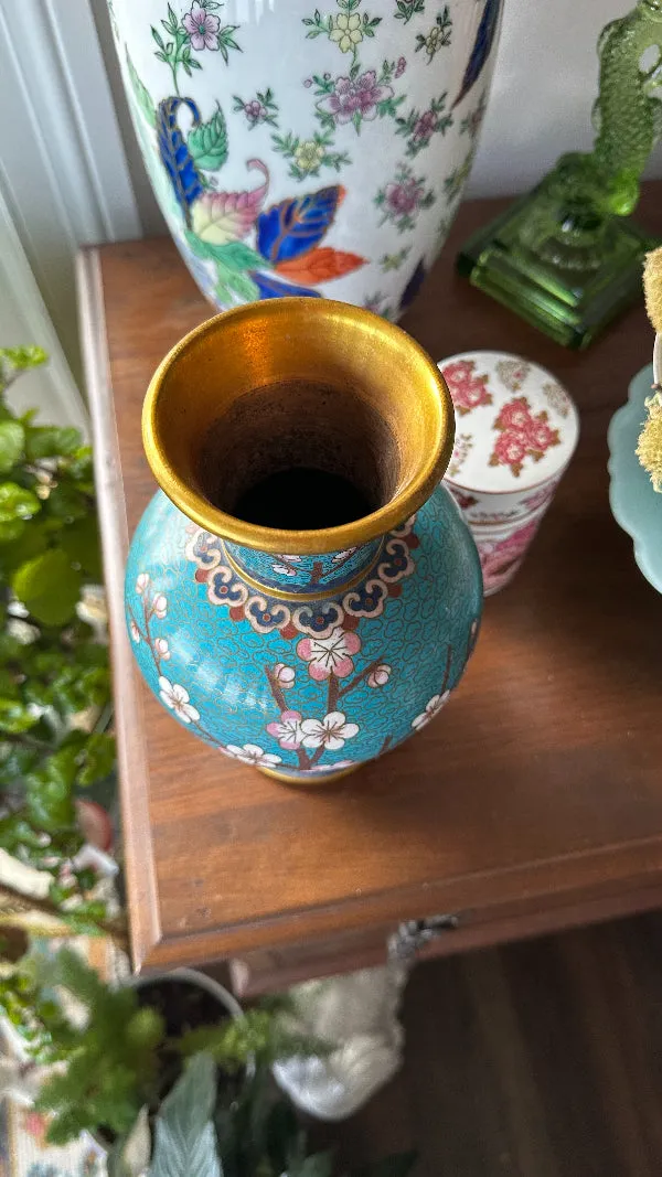 Vintage Cloisonne' Vase, Turquoise with Cherry Blossoms and Gold Brass Trim