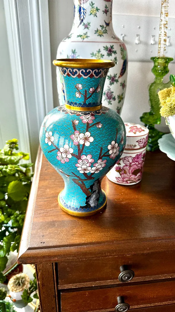 Vintage Cloisonne' Vase, Turquoise with Cherry Blossoms and Gold Brass Trim