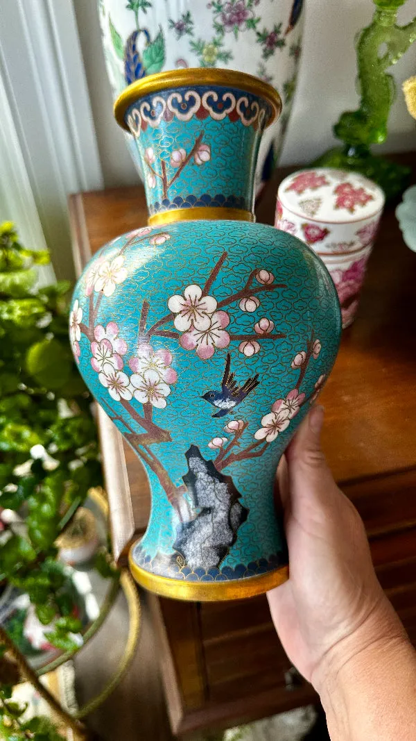 Vintage Cloisonne' Vase, Turquoise with Cherry Blossoms and Gold Brass Trim