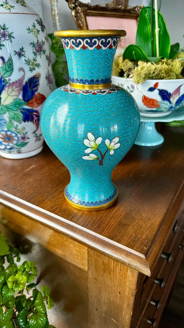 Vintage Cloisonne' Vase, Turquoise with Cherry Blossoms and Gold Brass Trim