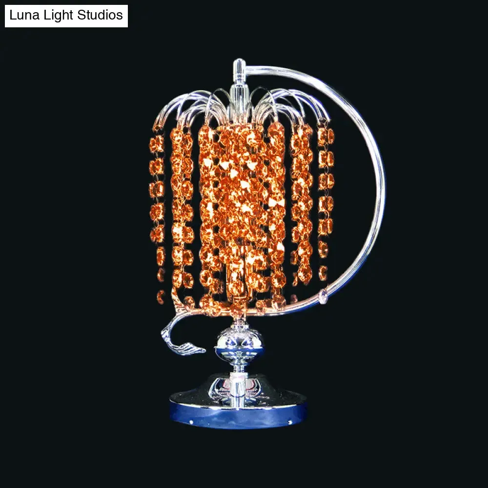Vintage Crystal Table Lamp: 1-Head Drooping Tassel Night Light in Retro Pink/Yellow/Blue, Polished Chrome C Arm