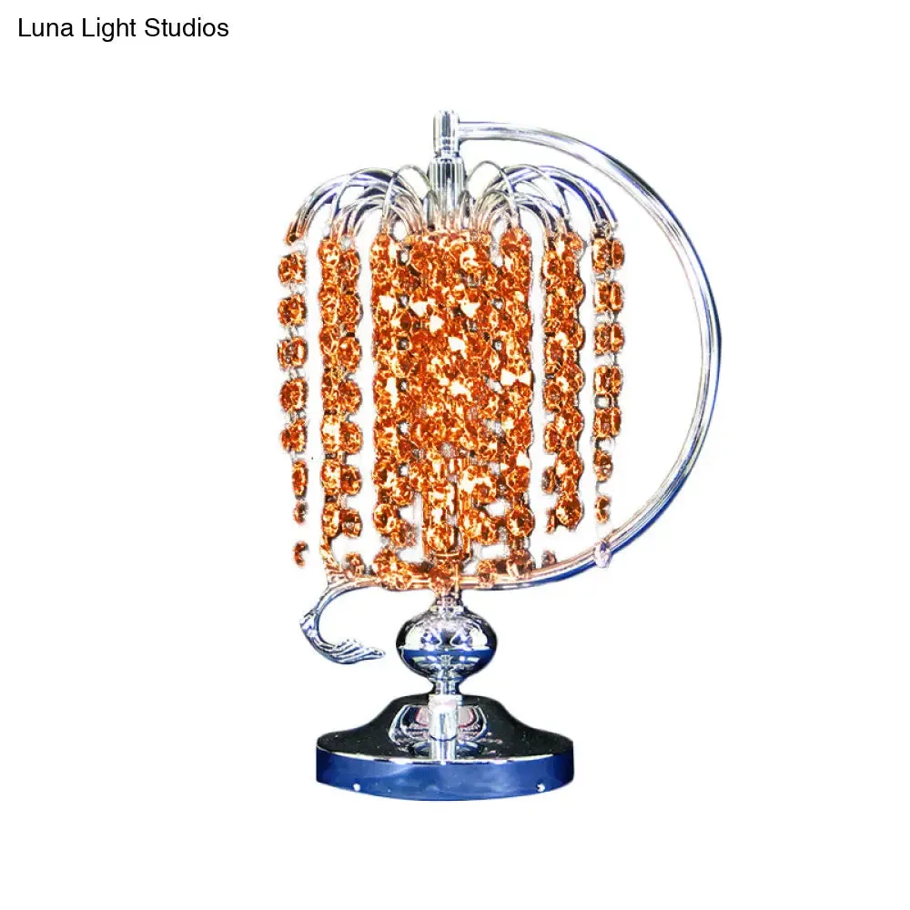 Vintage Crystal Table Lamp: 1-Head Drooping Tassel Night Light in Retro Pink/Yellow/Blue, Polished Chrome C Arm