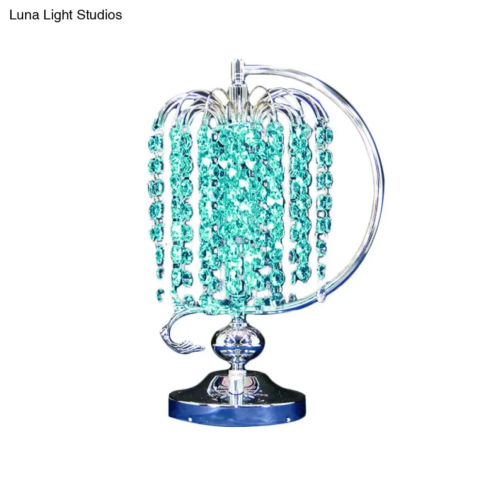 Vintage Crystal Table Lamp: 1-Head Drooping Tassel Night Light in Retro Pink/Yellow/Blue, Polished Chrome C Arm