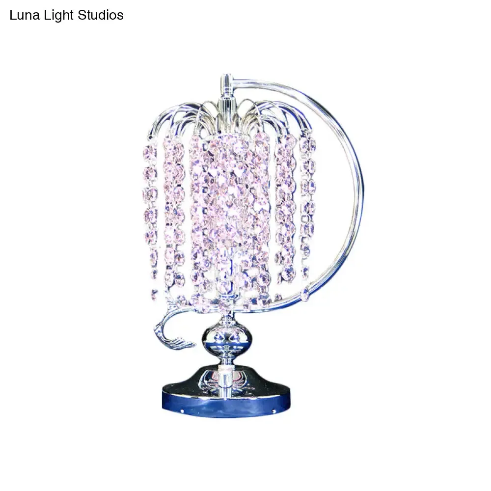 Vintage Crystal Table Lamp: 1-Head Drooping Tassel Night Light in Retro Pink/Yellow/Blue, Polished Chrome C Arm
