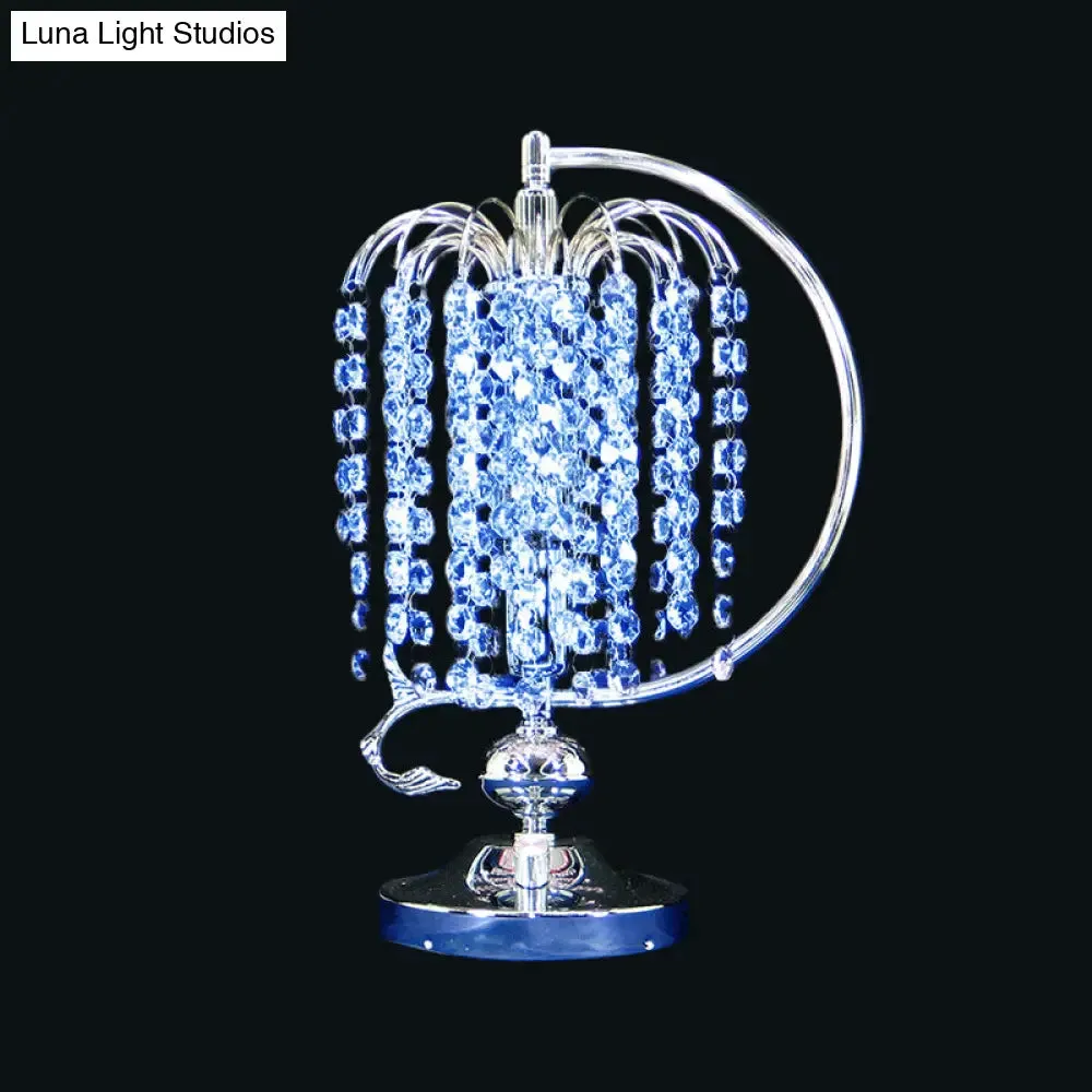 Vintage Crystal Table Lamp: 1-Head Drooping Tassel Night Light in Retro Pink/Yellow/Blue, Polished Chrome C Arm
